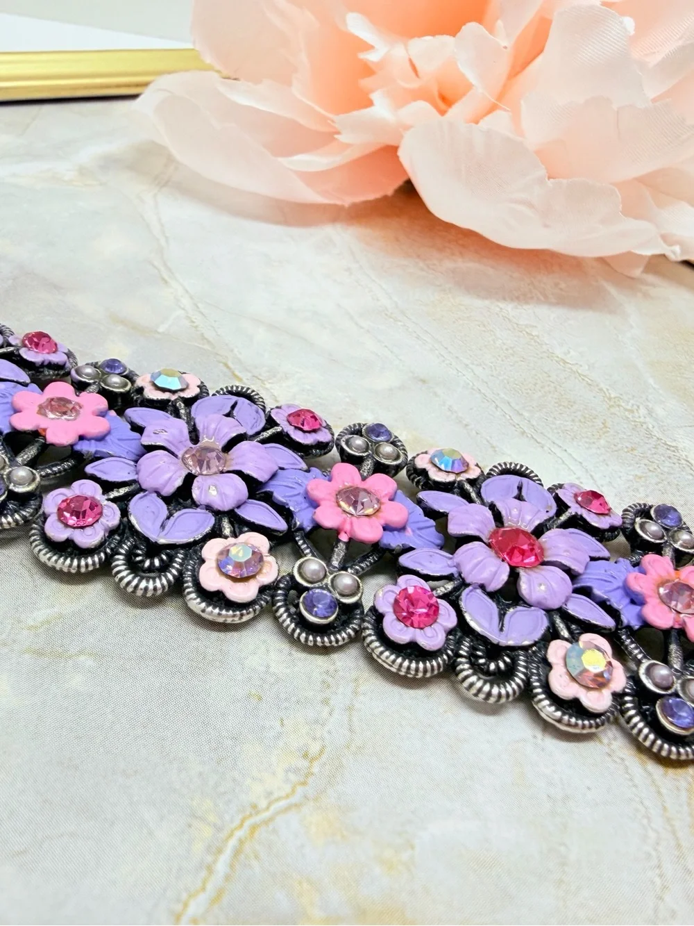 Vintage wide bracelet signet Michal Negrin,Silver purple flowers with crystal